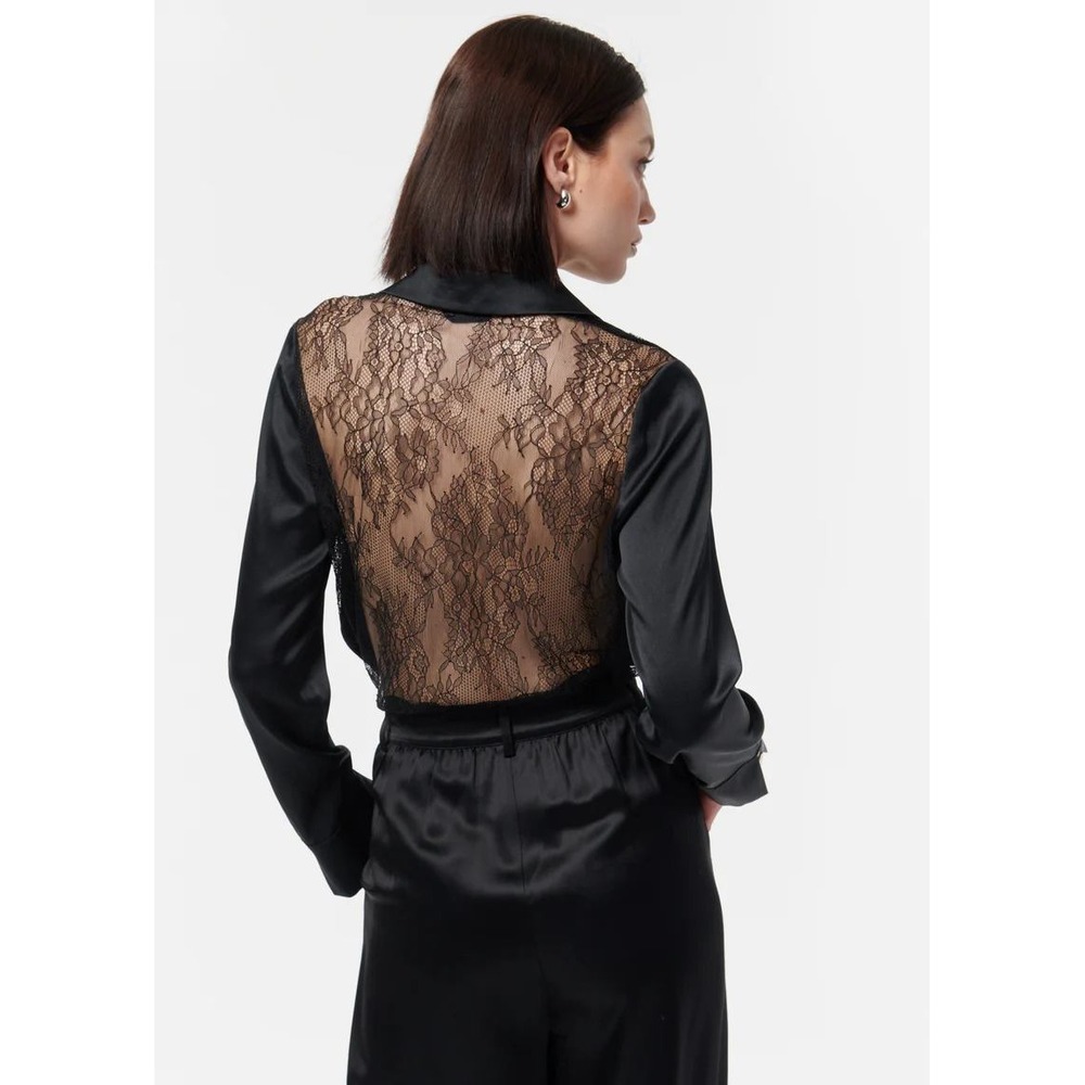 CAMI NYC Black Silk Lace Back Blouse Long Sleeve Button Down Top Size Large